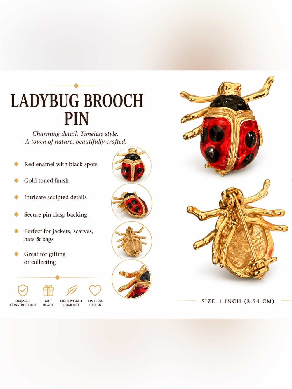 Vintage Red Enamel Ladybug Brooch Pin – Gold Tone Lucky Bug Jewelry